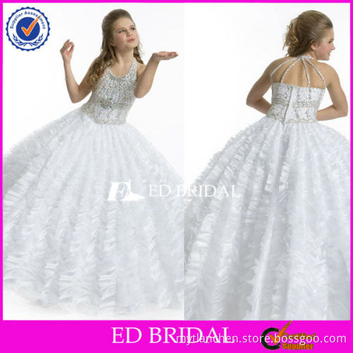 LBF032 New Come Halter beaded bodice Ruffled Skirt Puffy Organza Long flower girl dress